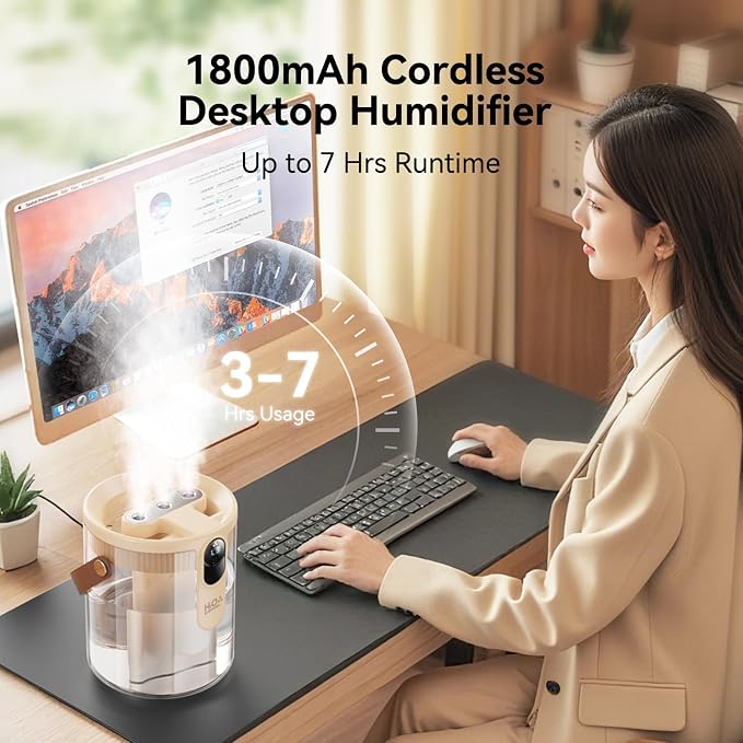 Rechargeable Portable Top Fill Humidifier, Smart Humidifiers for Bedroom, Night Light, 1.4L Cool Mist Humidifier for Office Home Plant Baby, 3-Speed Mist Control, Quiet, Auto Shut-Off (Beige)