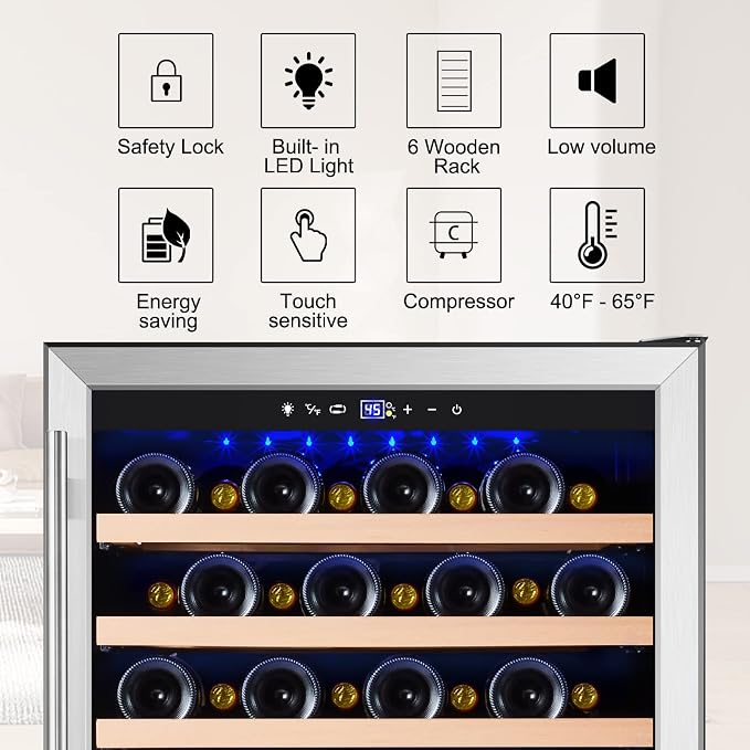 24 Inch Wine Fridge, 54 Bottles Wine Refrigerator, Under Counter or Freestanding, 40-65°F, Lock, Double Layer Tempered Glass Door, Wine Cooler Refrigerator with Adjustable Wooden Shelves