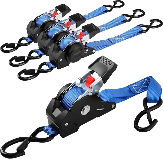 TLGREEN Retractable Ratchet Straps,Blue,4 Pack,1” x 10’1650lb Break Strength Heavy Duty Auto Self Retracting Tie Down Straps for Truck, Cargo, Motorcycle, ATV, UTV,Boat
