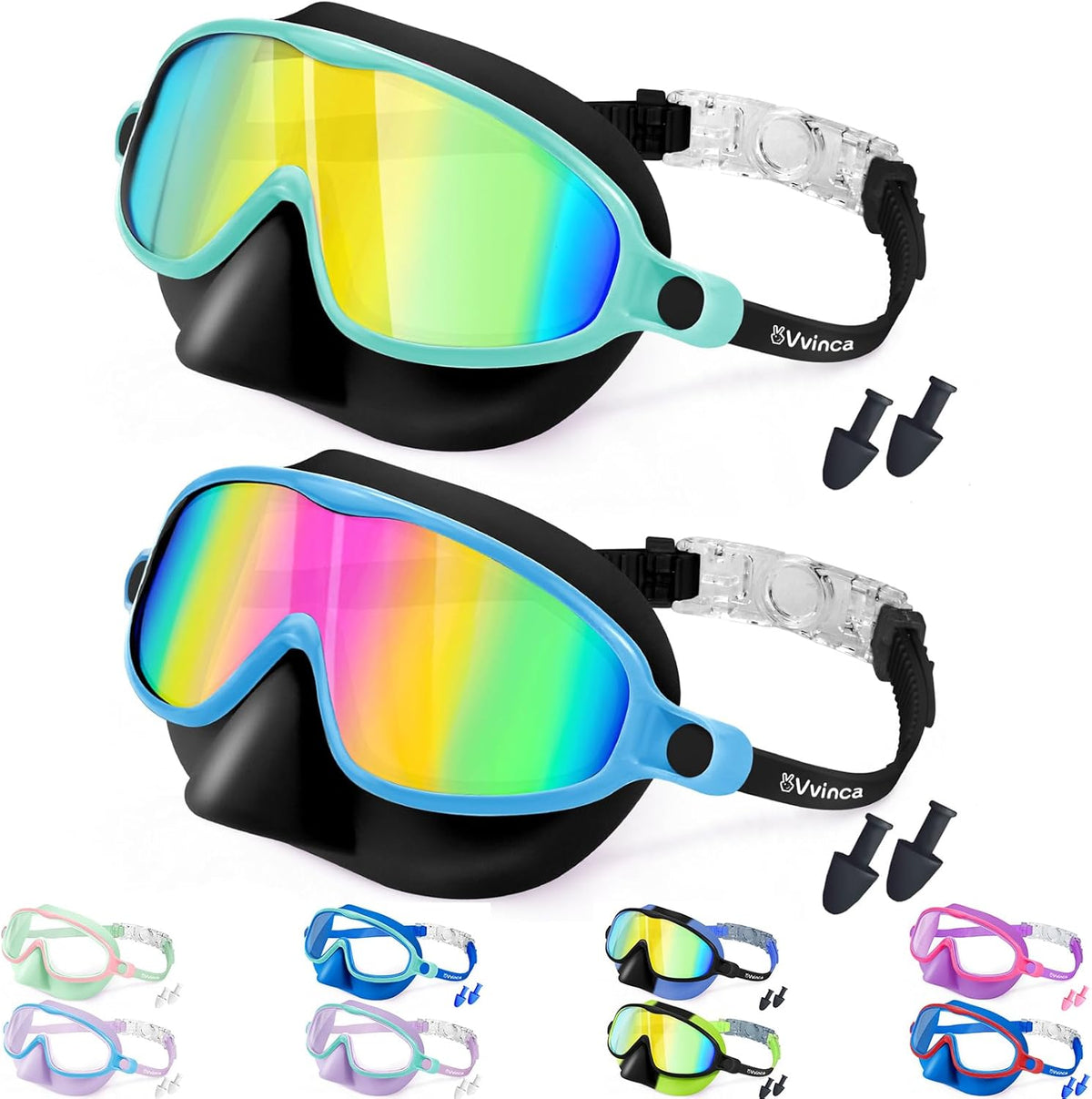 Vvinca Swim Goggles - Anti-Fog Diving Mask with Nose Cover | 2-Pack for Kids Ages 3-15