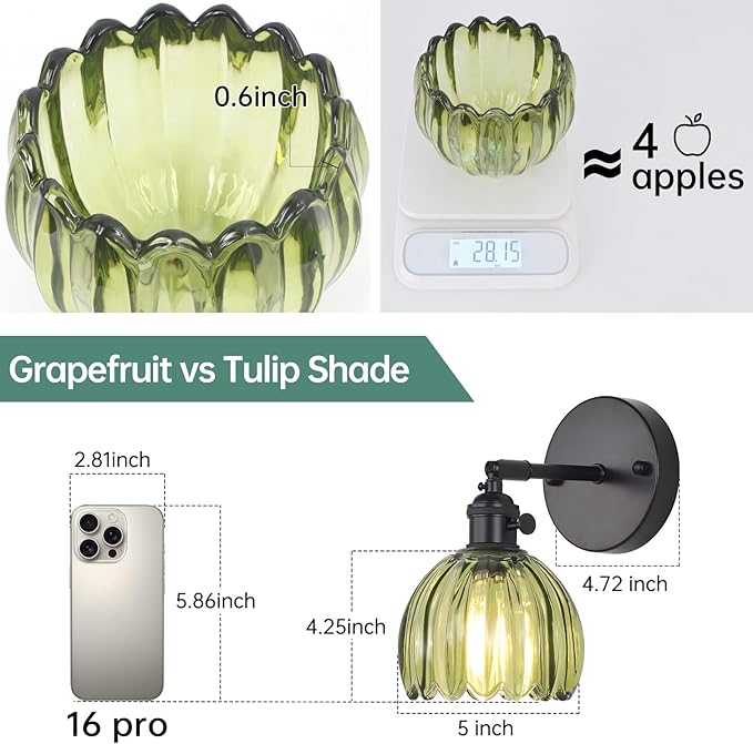 Vintage Wall Sconce with Green Tulip Glass Lampshade 180 Degree Adjustable Black Sconce Hradwired Modern Wall Lighting Fixture with Switch for Bedside Bedroom Doorway