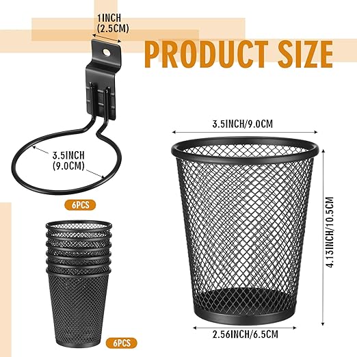 Briwooody 6 Set Slatwall Accessory Cups with Hook, Slatwall Holder Organizer Accesories, Slat Wall Bin Metal Mesh Pencil Tool Holder Steel Cups for Craft Garage Workshop Office Storage(Medium,Black)