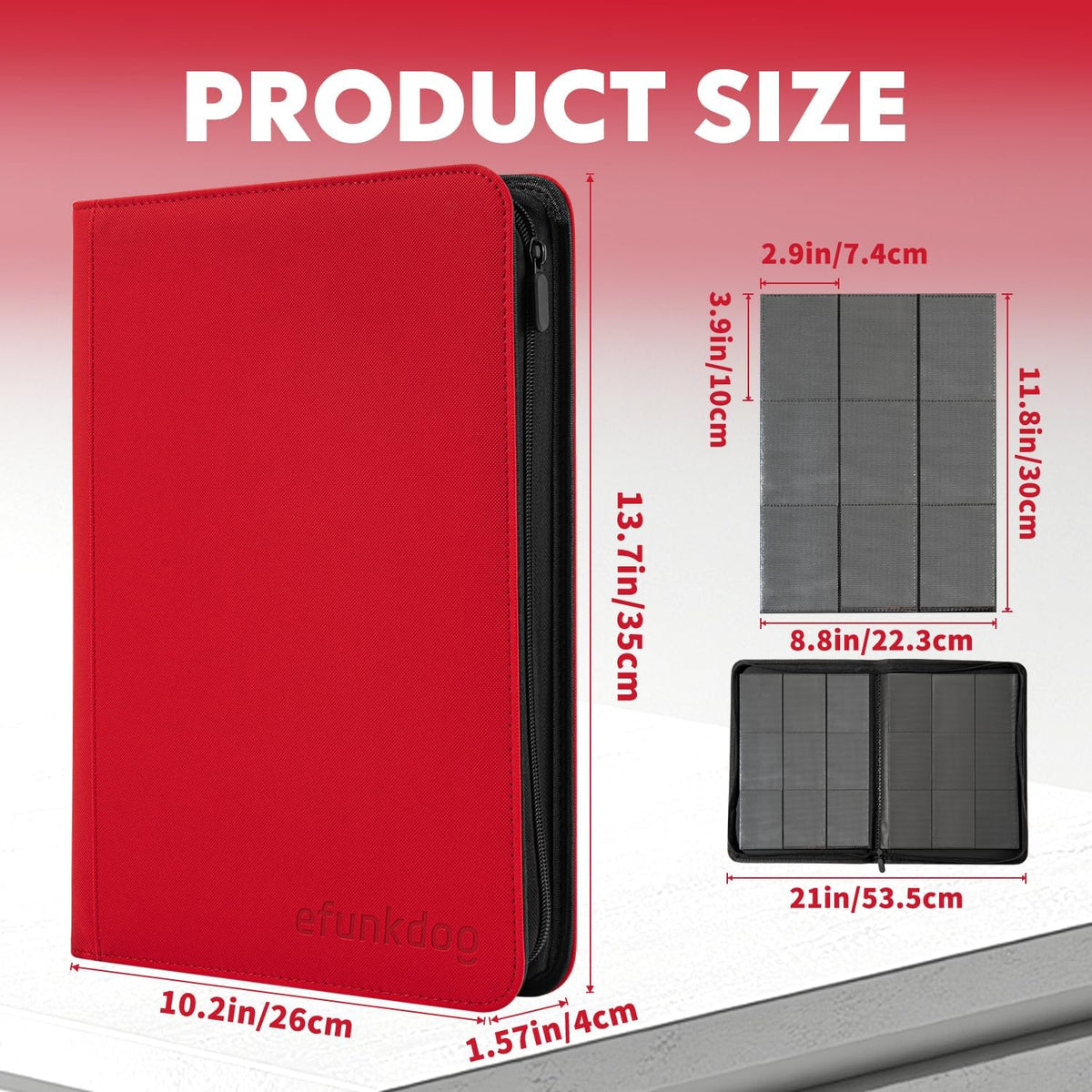 Trading Card Binder - 9 Pocket Album with Zipper | 360 Side Loading PU Cover for TCG & Sports Cards (Red)