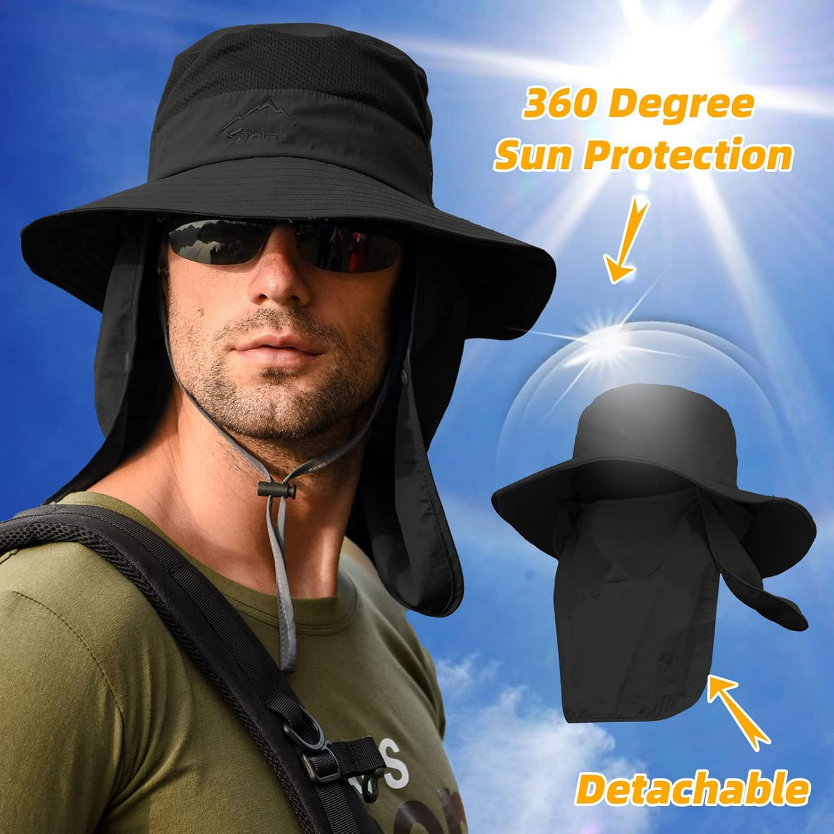 Skiennix Fishing Hat - Sun Protection with Removable Mesh Face & Neck Flap | Windproof Strap for All