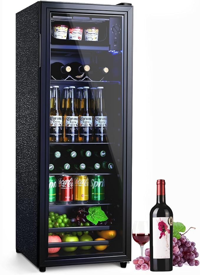 Anypro Beverage Refrigerator Cooler 4.8 Cu.Ft, Mini Fridge with Freeze with Glass Door for Soda Beer or Wine, Small Drink Dispenser Machine for Home Office Bar, 7 Temperatures, Adjustable Shelves