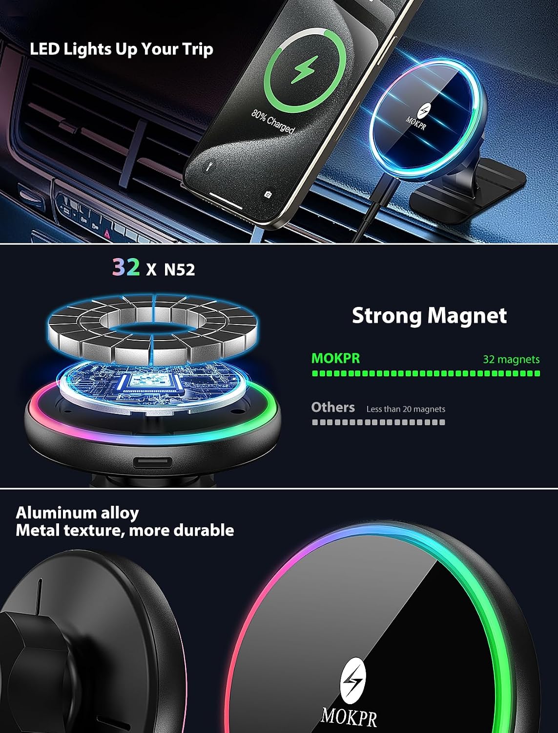 for Magsafe Car Mount Charger 15W LED RGB Car Phone Holder for Dash Vent