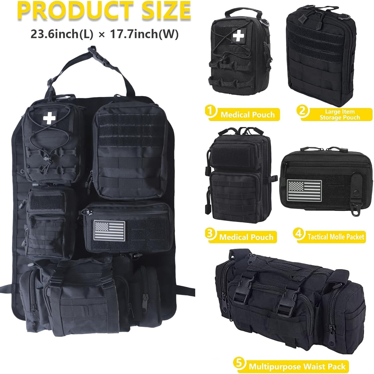 Universal Tactical Seat Back Organizer Vehicle Molle Panel Organizer Storage Bag with 5 Detachable Molle Pouch for All Vehicel Such as Jeep,Truck,SUV, Car, Ford,Chevy etc