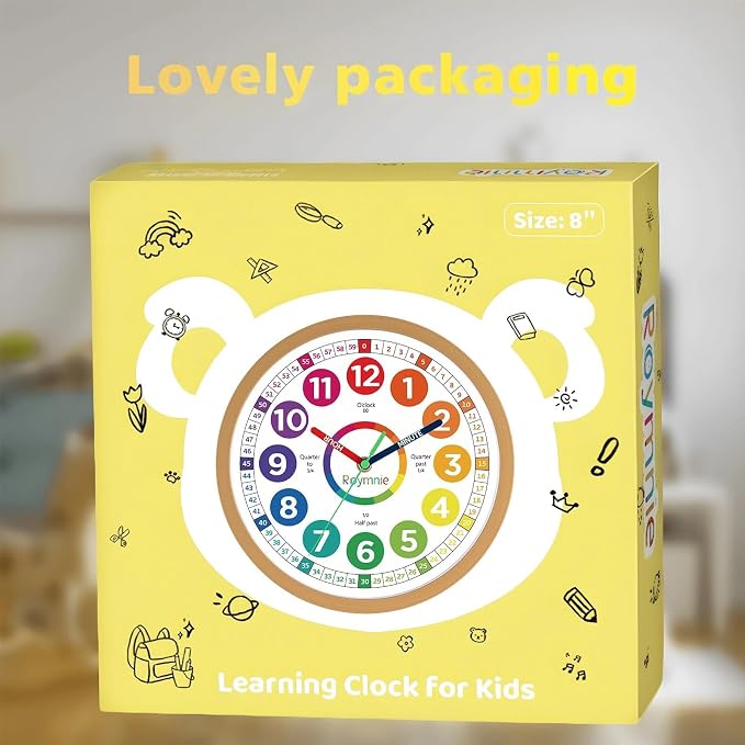Roymnie Wall Clock for Kids Learning to Tell Time Analog Non Ticking Battery
