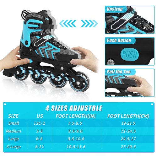 Inline Skates for Adults Men Women, Adjustable Aggressive Durable Roller Skates with Giant Wheels, High Performance Skates for Male Female Teal Size 8 9 10 11