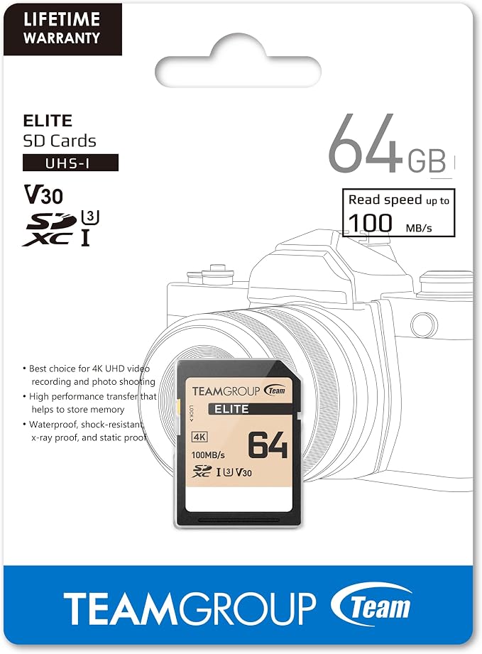 TEAMGROUP Elite 64GB UHS-I U3 V30 UHD Read Speed up to 100MB/s SDXC High Speed