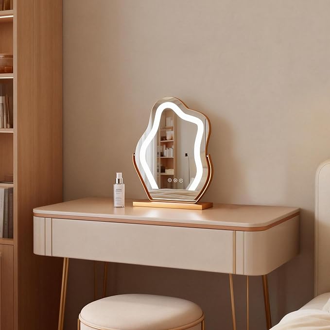 Makeup Mirror with Lights -17″ Cloud Shaped Smart Touch 3-Color Dimmable 360° Rotation Memory Metal Frame Plug-in AC Power Tabletop Vanity Mirror Gift for Women Teen Girls Champagne Gold