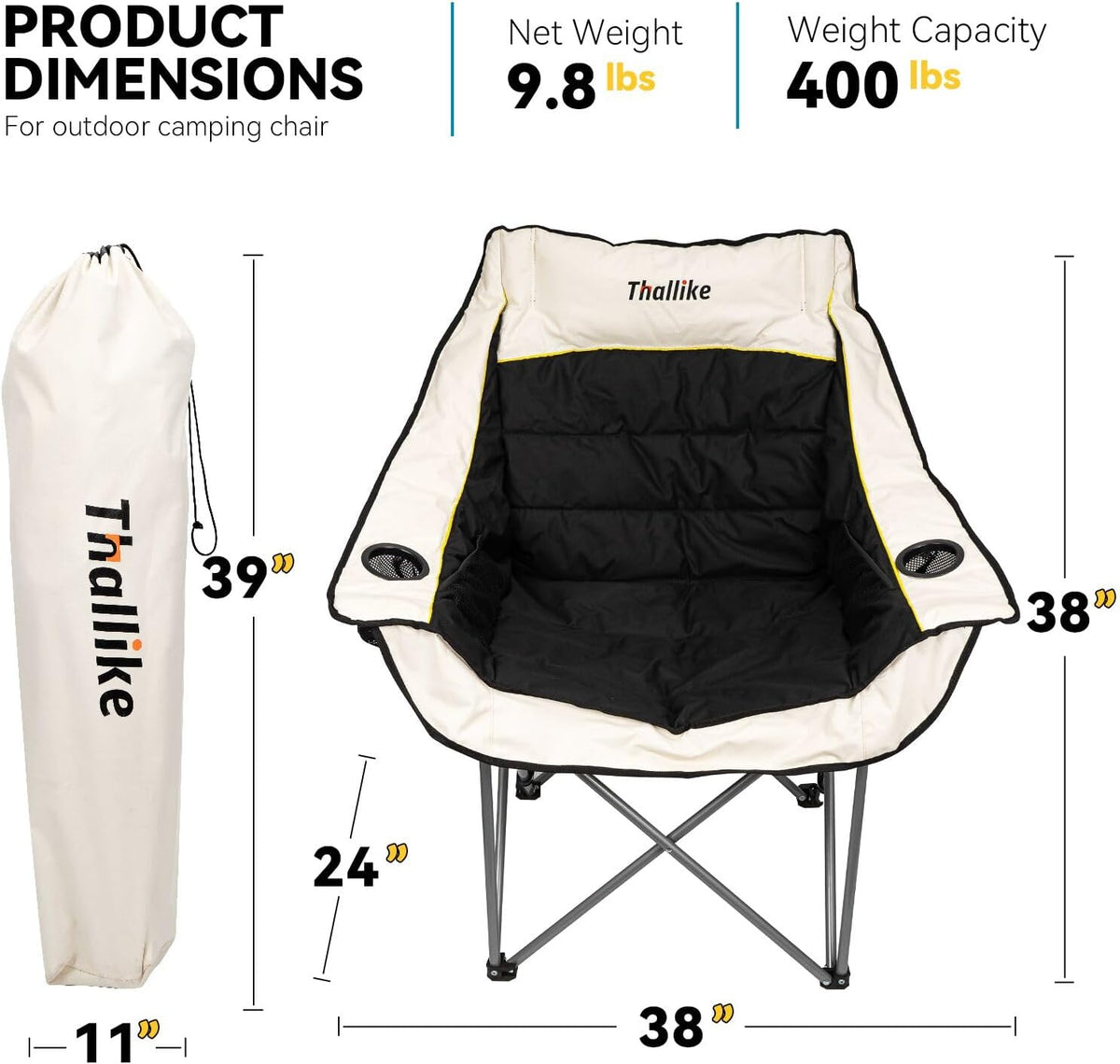 Skiennix Oversized Camping Chair - Heavy Duty Folding Chair with Cup Holders & Storage Pocket | Supports 400lbs