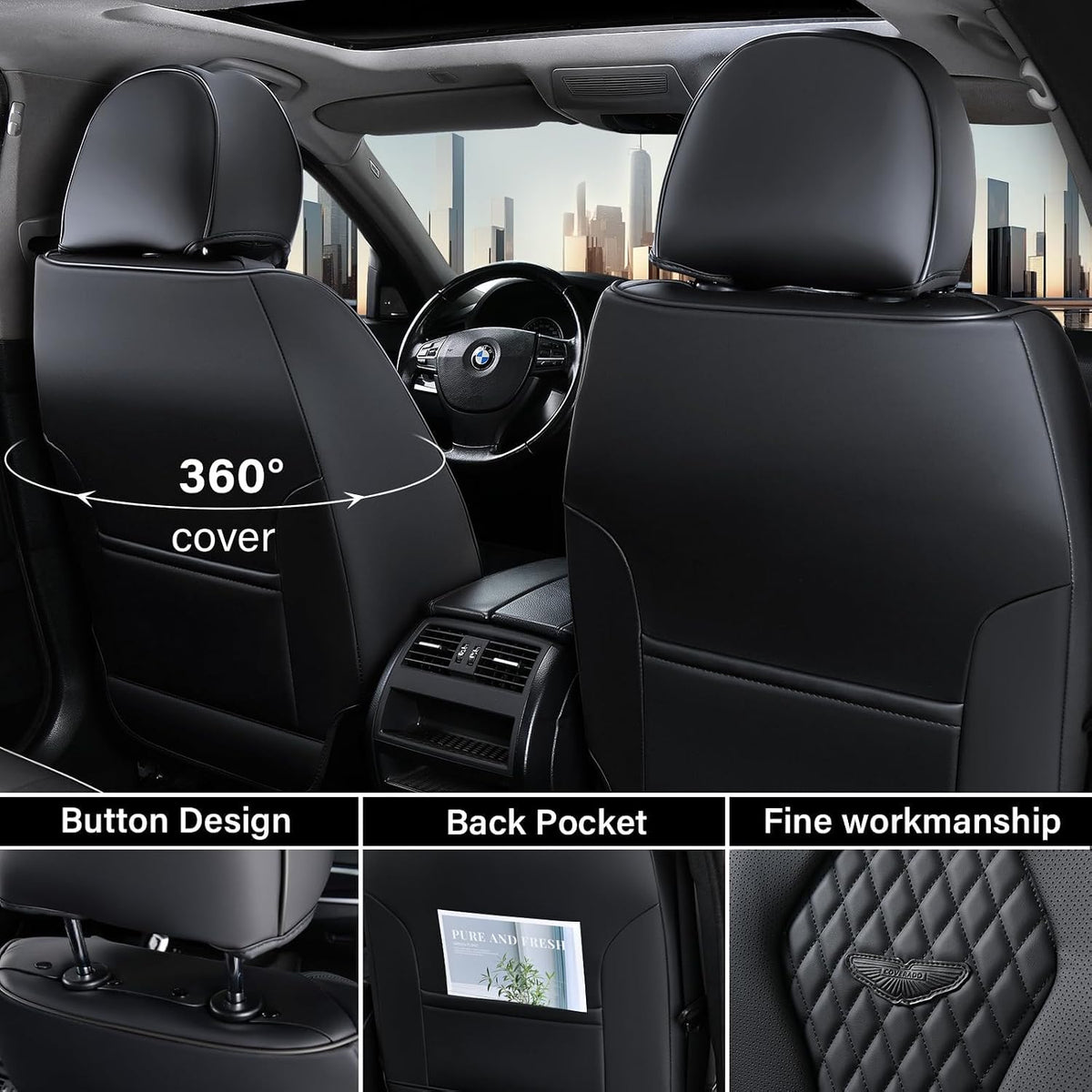 Coverado Seat Covers, Car Seat Covers Full Set, Black Car Seat Cover, Car Seat Covers Front Seats Back Seat Cover, Waterproof Car Seat Cushion, Leather Seat Covers Seat Protector Fit for Most Cars