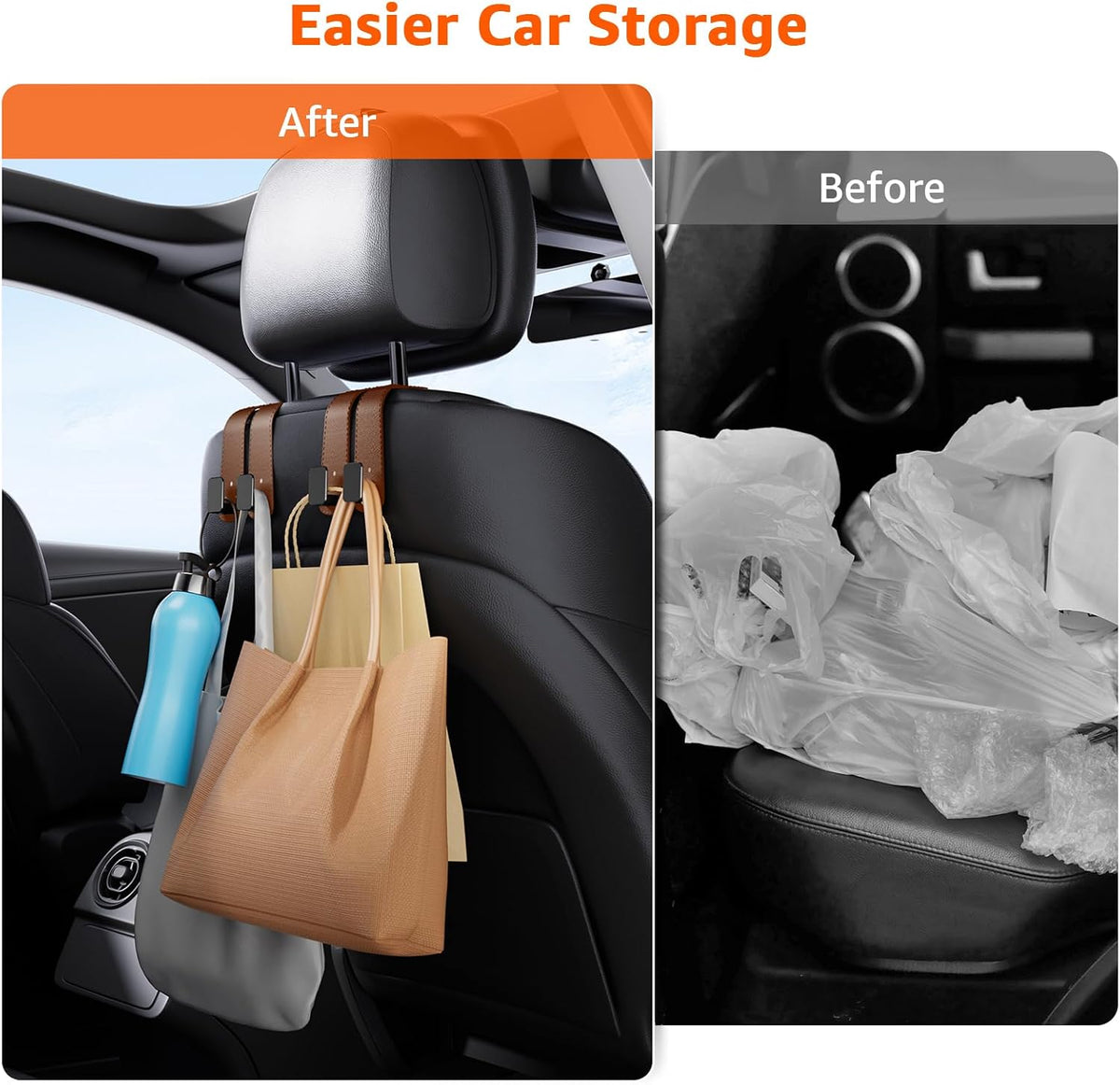 Headrest Hooks For Car, Multifunctional Purse Hook Leather Seat Back Storage Hook Double Metal Hooks Car-Hangers for Seat(2 Pack, Brown)