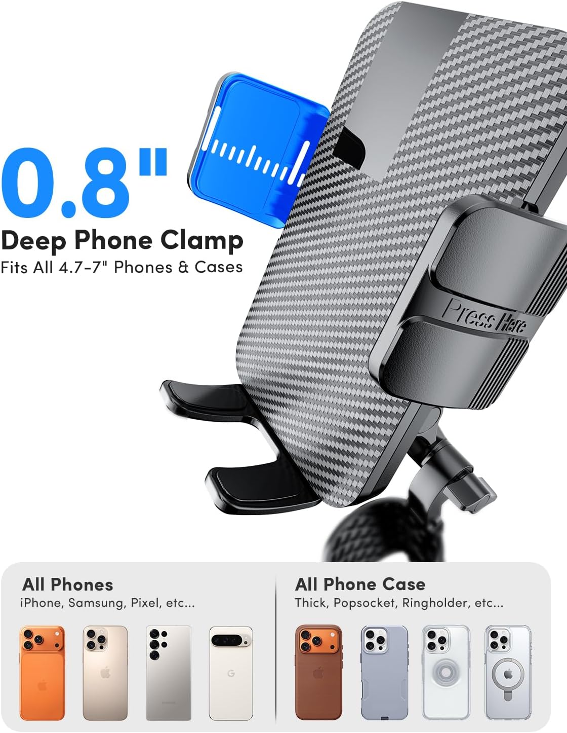 ELWEY Car Cup Holder Phone Holder, 15" Height Phone Mount Fit 2.6-4.8" Car Cupholder, 360° Swiveling Phone Holders for Your Car Fits iPhone 17 16 Pro Max & 4.7-7" Cell Phones