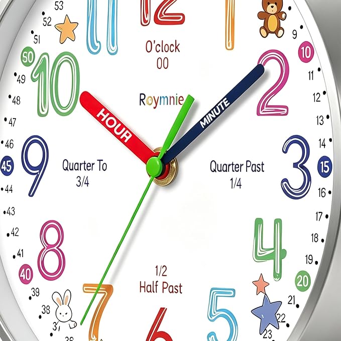 Roymnie Wall Clock Learning to Tell Time Easily Non Ticking Battery Operated