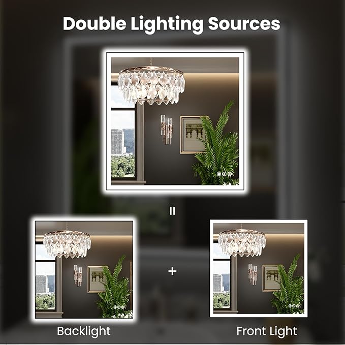 WTTY 36"X36" LED Bathroom Mirror with Black Frame, Bathroom Vanity Mirror with Lights for Wall, Front Light and Backlit, Anti-Fog, Dimmable, 3 Colors, Shatterproof, Memory, Horizontal/Vertical