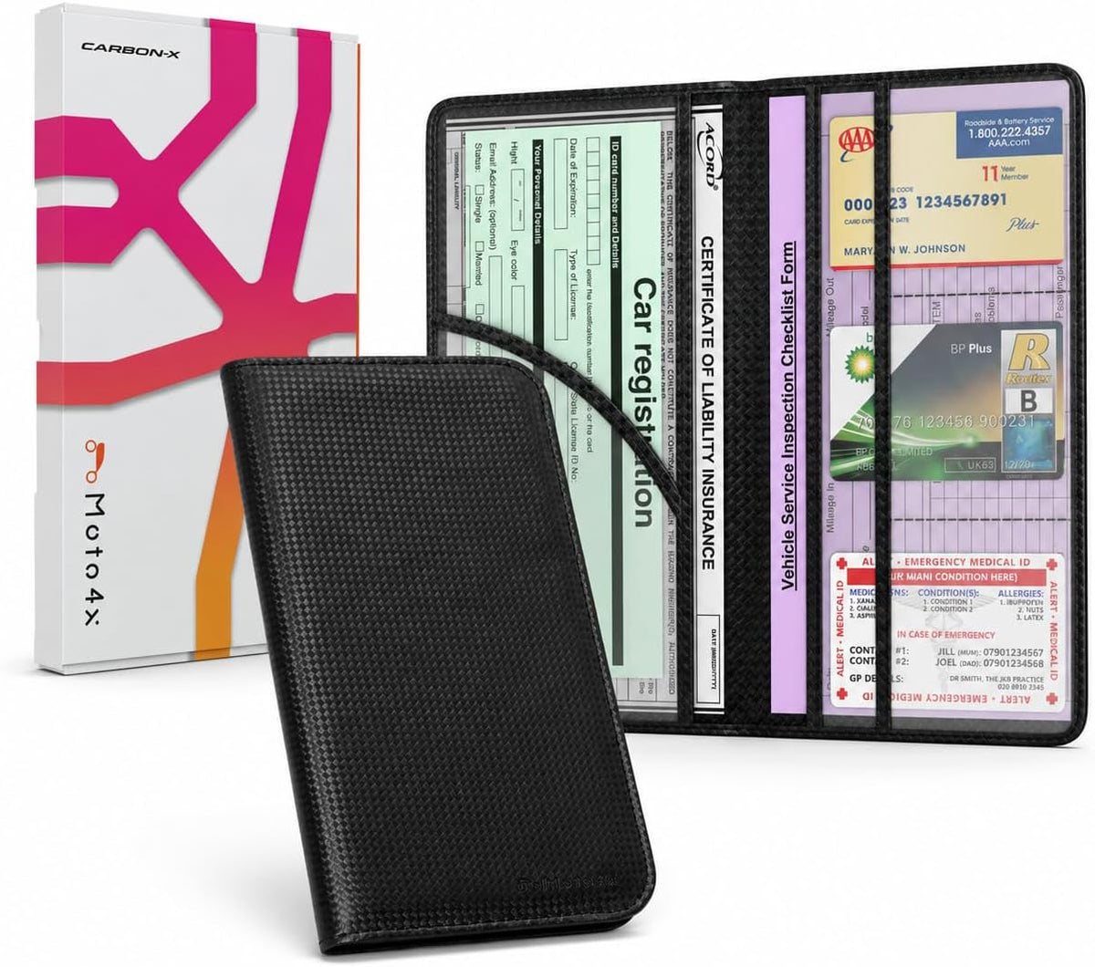 Car Registration and Insurance Holder, Carbon Black Premium PU Leather