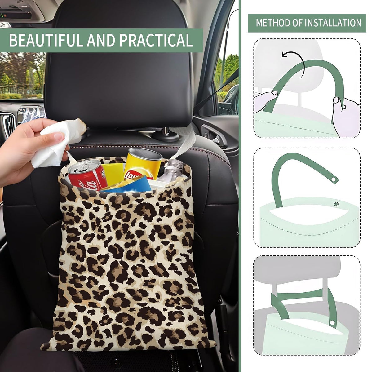 Cute Car Trash Can, Hanging Canvas Car Back Seat Organizer and Storage Bag, Funny Car Trash Bag For Travelling, Outdoor Classic Leopard Print