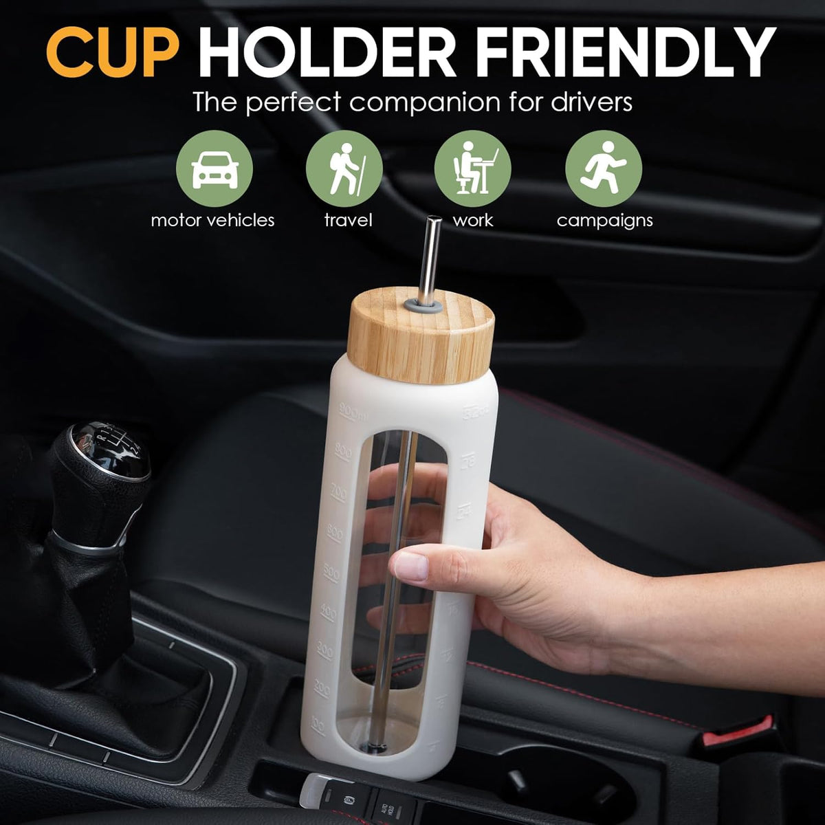 Skiennix 32 oz Glass Water Bottle - Borosilicate Tumbler with Silicone Sleeve & Bamboo Straw Lid | Leakproof, BPA-Free for Gym, Office & Travel