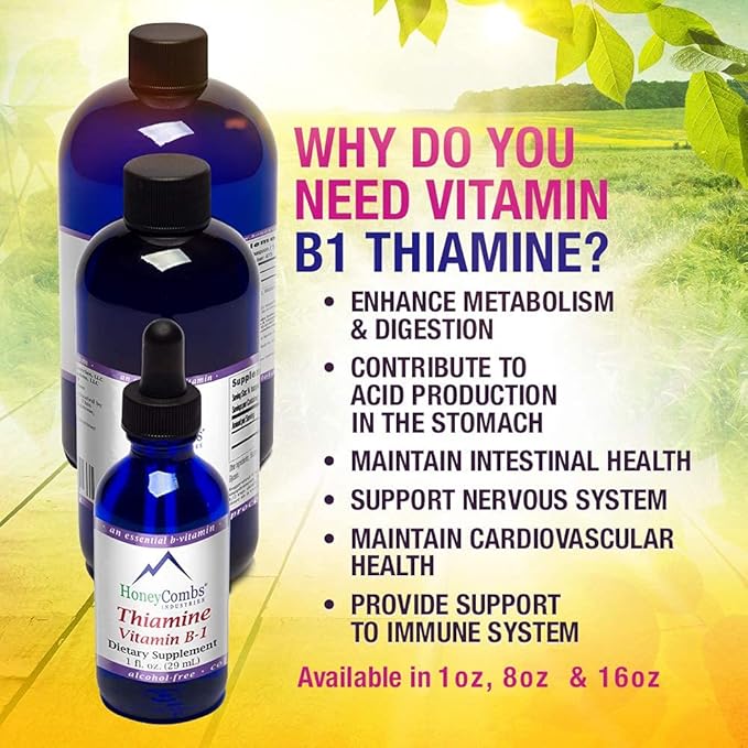 HoneyCombs Vitamin B1 Supplement (Thiamine) Liquid Drops - High Potency Thiamine B1 Supplement for Men & Women - Maintain Nervous System, Energy & Overall Health - Vegan Liquid B Vitamins (8 Fl oz)