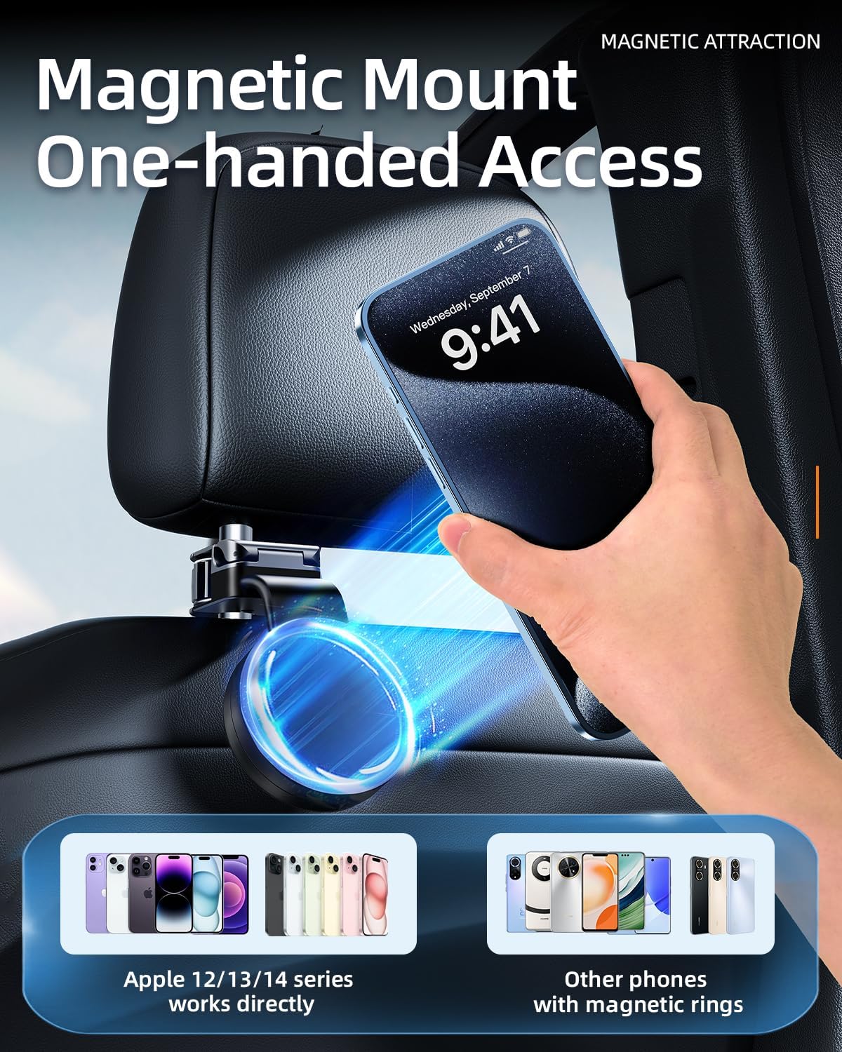 1 Pack Headrest Hook for Car Seat Back with Magnetic Phone Holder, Multifunctional Car Seat Hooks for Purses and Bags Handbag Grocery Bag, Purse Hanger Car Organizers and Storage Accessories