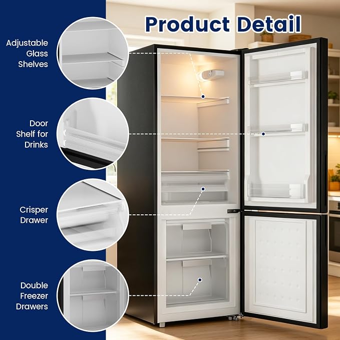 Apartment 7.1 Cu.Ft Refrigerator with Bottom Freezer Black | Office Fridge with Bottom Freezer, Large Capacity, Energy Saving, Adjustable Thermostat, Low Noise