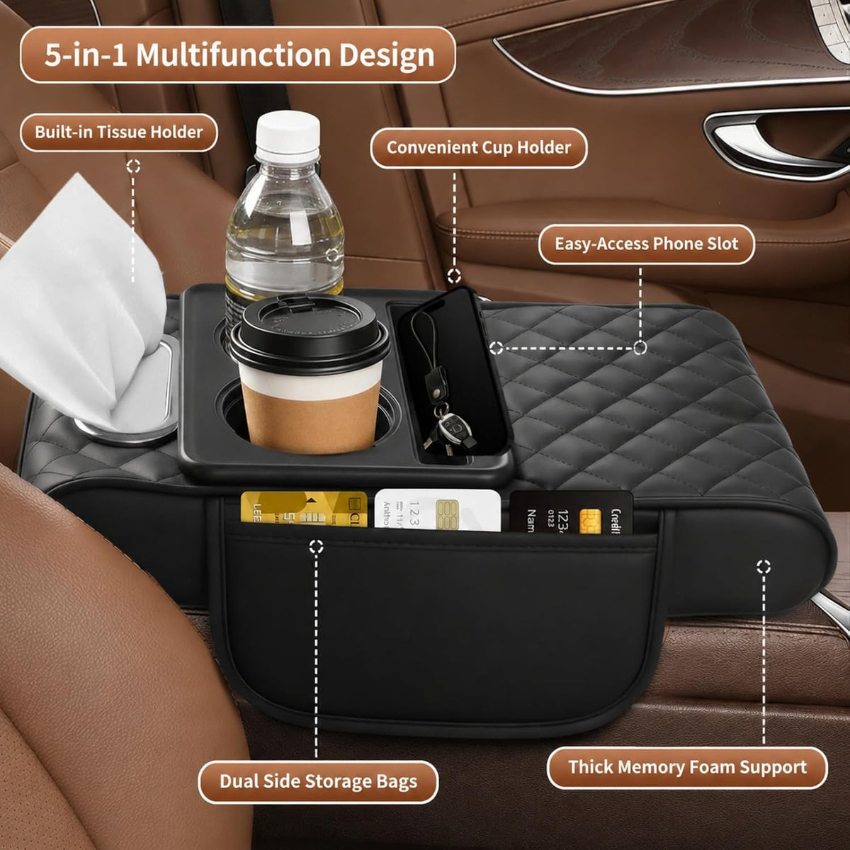 5-in-1 Universal Car Center Console Cover with Cup Holder, Black