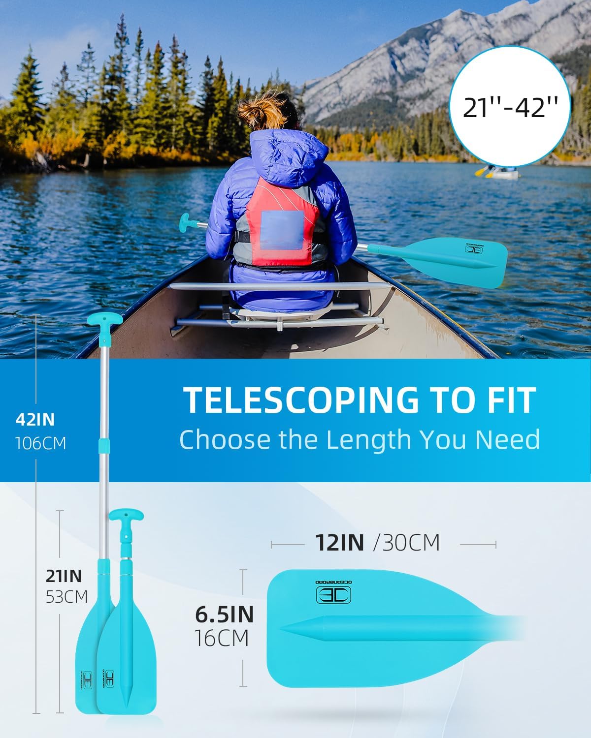 OCEANBROAD Telescoping Emergency Paddle - Adjustable 21''-42'' or 26''-54'' Aluminum Shaft for Kayaking & Canoeing