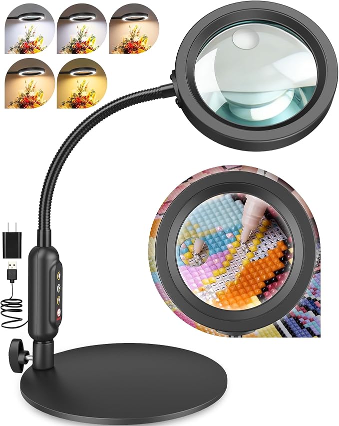 30X 10X Magnifying Glass with Light and Stand, 5 Color Modes Stepless Dimmable
