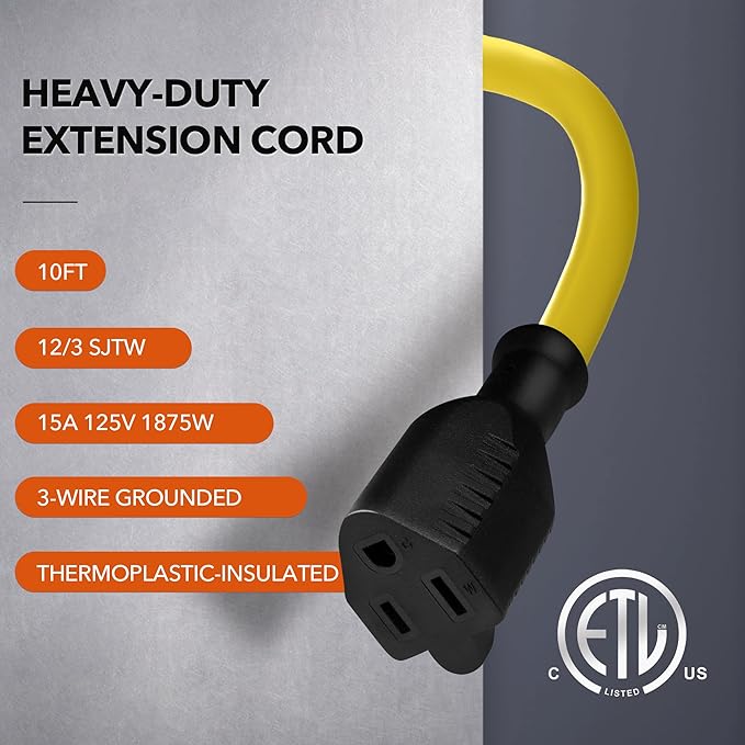 BN-LINK 10ft Outdoor Extension Cord, 12/3 SJTW Heavy Duty Power Cord, 3-Prong Grounded Plug, Weather Resistant, 15A, 1875W, Yellow, for Lawn, Garden, Appliances, ETL Listed