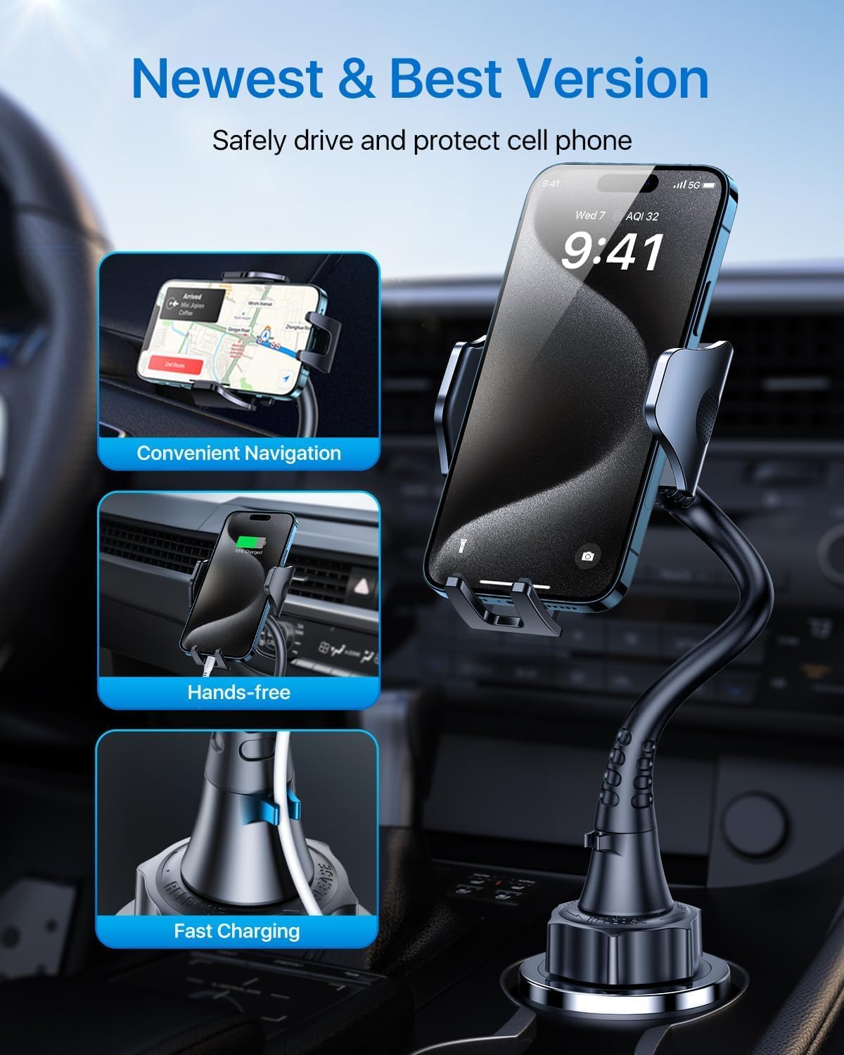 andobil Upgraded, Solidest 15in Cup Phone Holder for Car, Stable & Adjustable, Long Gooseneck Car Phone Holders for Your Car Truck Fit for iPhone 17 Pro Max 16 15 14 13 Pro Max, Grey