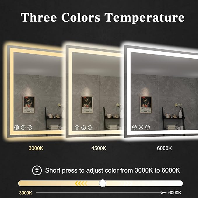WTTY LED Bathroom Mirror 55"x30" with Back and Front Light,Modern LED Mirror for Bathroom,Stepless Dimmable Lighted Bathroom Vanity Mirror with Anti-Fog,Memory Function,Shatter-Proof