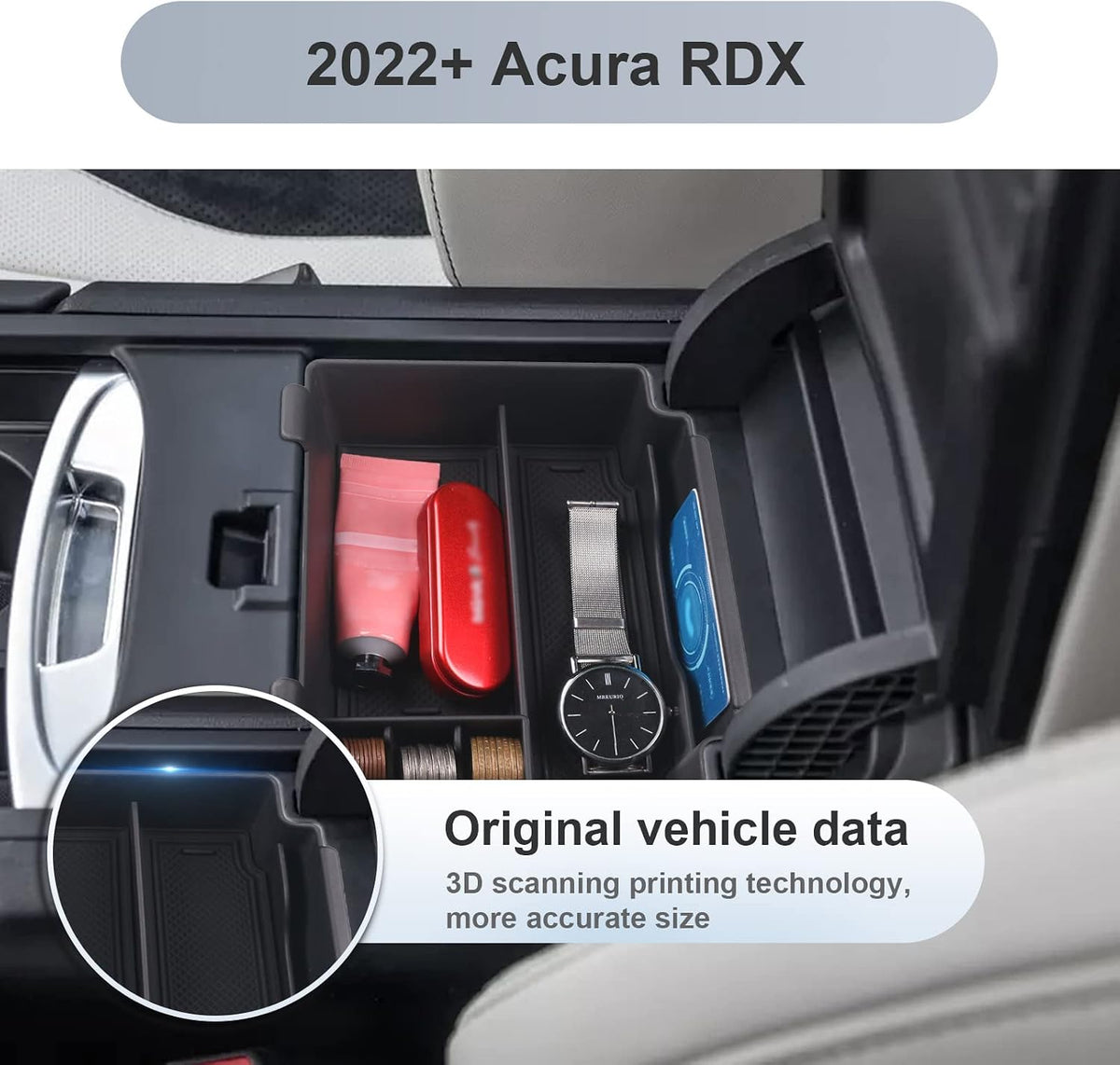 SKTU for 2022-2024 Acura RDX Center Console Organizer 2023-2024 RDX TC1/2 Insert ABS Black Materials Tray Armrest 2023 2024 RDX Accessories Console Tray with Coin Holder