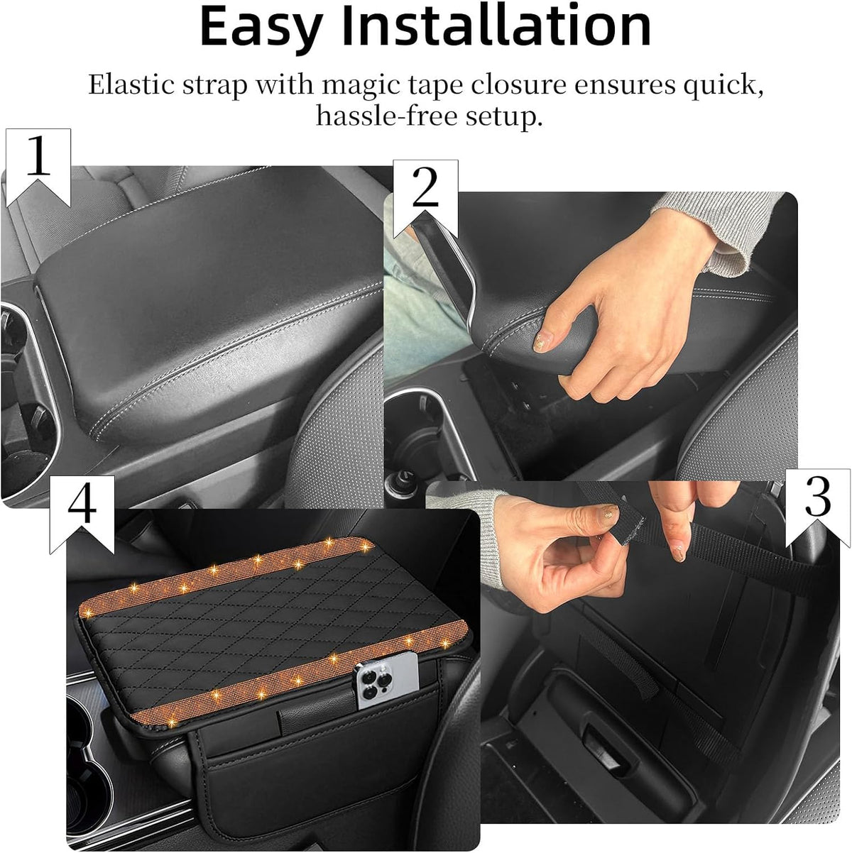 NBTEPEM Bling Car Center Console Cover, Leather Car Arm Rest Cover Cushion with 2 Storage Bags, Middle Console Cover Universal Armrest Protector Pads, Bling Accessories for Most Vehicles (Orange)
