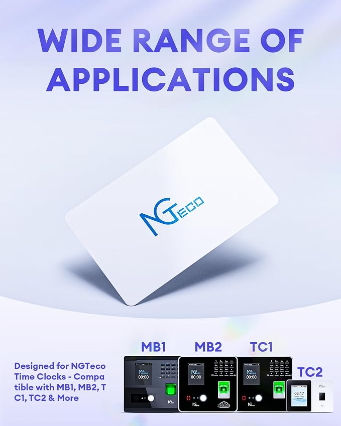 NGTeco Smart Time Card PVC Employee ID Card MB1, TC7 Time Clocks, Waterproof &