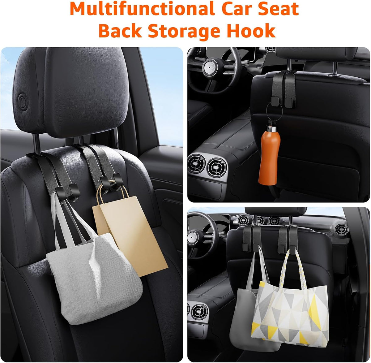 Headrest Hooks For Car, Multifunctional Purse Hook Leather Seat Back Storage Hook Double Metal Hooks Car-Hangers for Seat, 2 Pack (Gray)