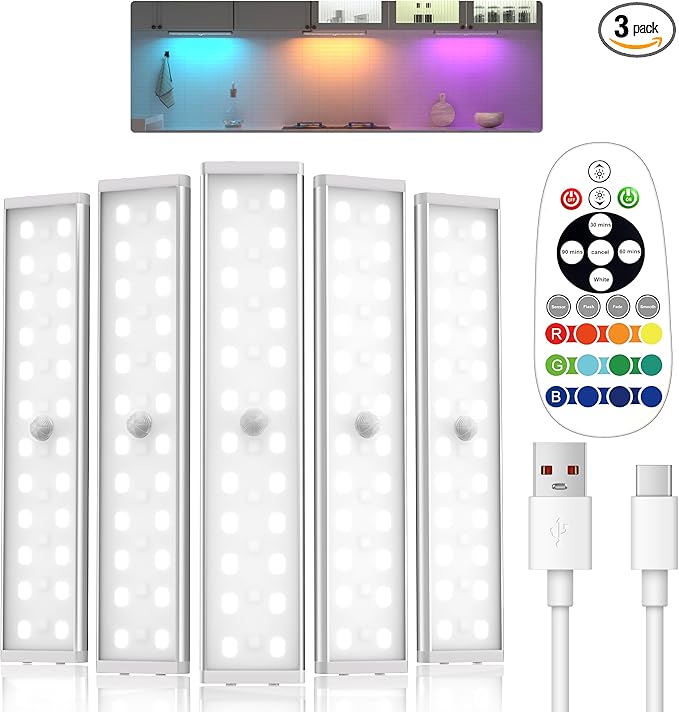 Under Cabinet Lighting,Rechargeable Motion Sensor Light Indoor Night Lights with Remote,58LED RGB under cabinet lights Bar,15Colors Wireless Under Counter Light Closet Lights for Kitchen,Stair