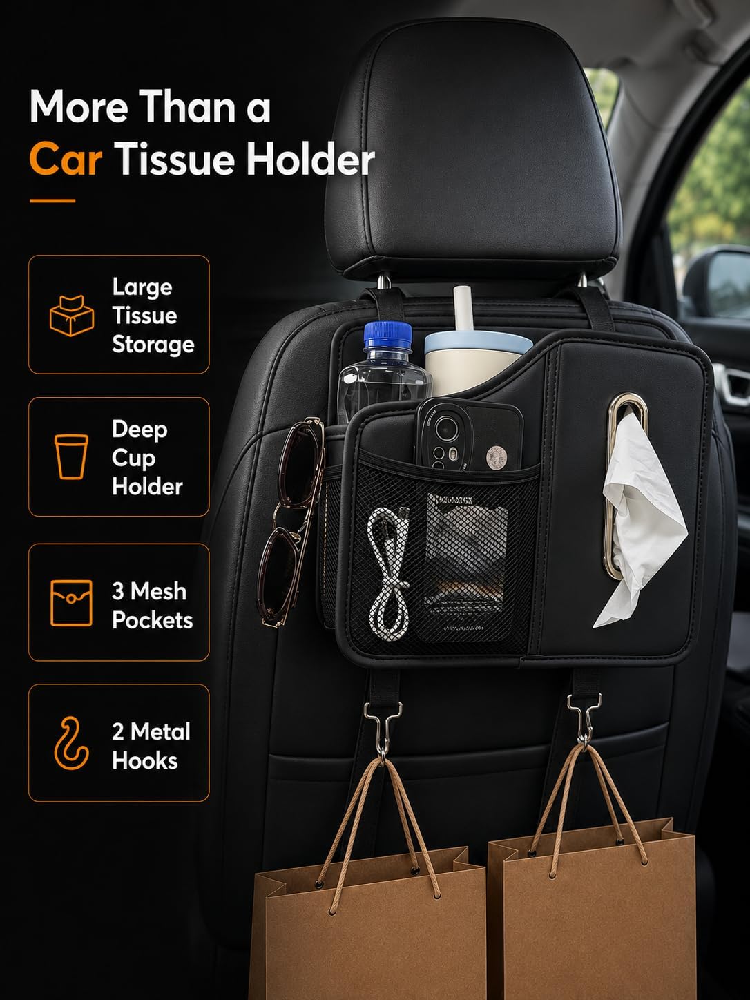 Car Tissue Holder, Leather Back Seat Organizer with Cup Holder & 2 Hooks