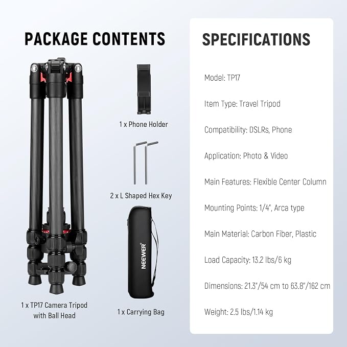 NEEWER Basics Carbon Fiber Travel Tripod, Arca Type Ball Head & Cell Phone