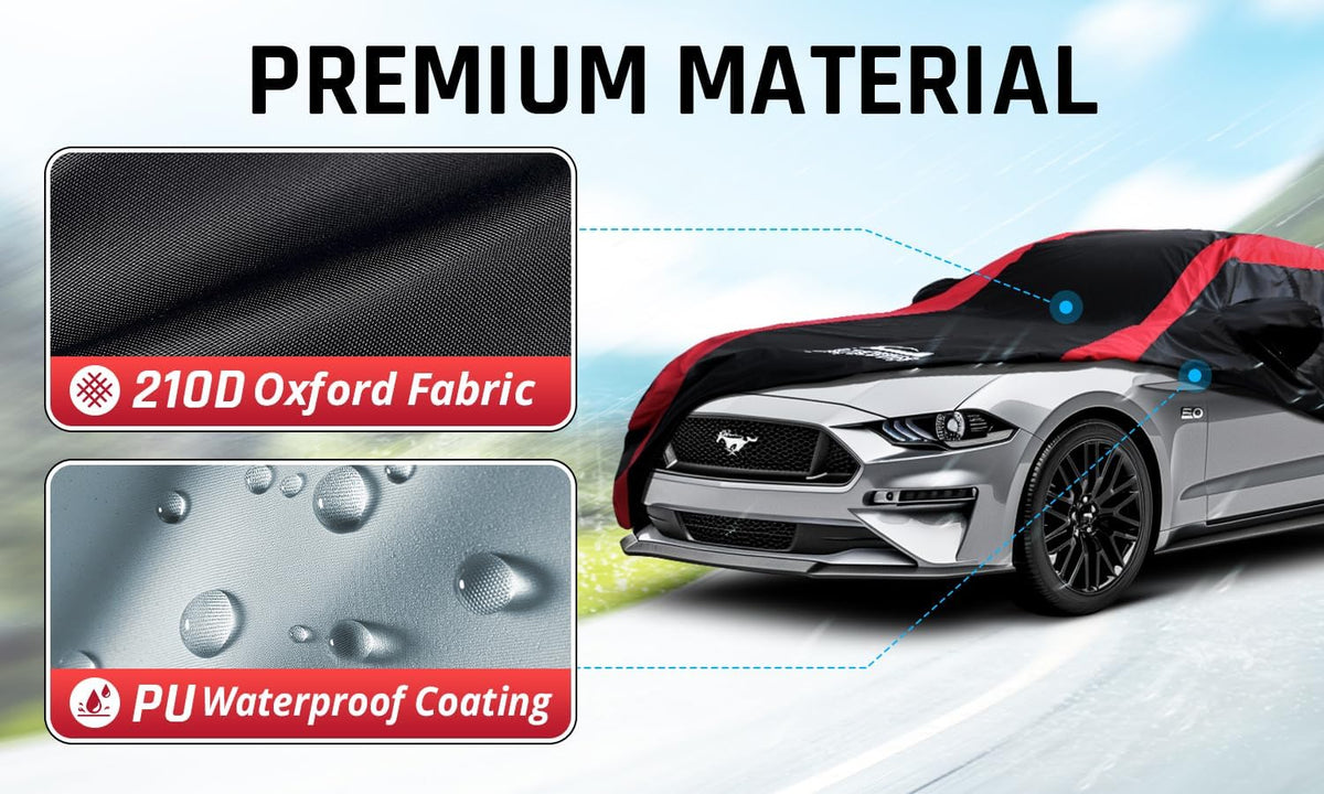 Mustang Car Cover Waterproof All Weather with Red Strip Design, Custom Fit for Ford Mustang 1994–2025, Mustang Accessory with Door Zipper & Windproof Straps