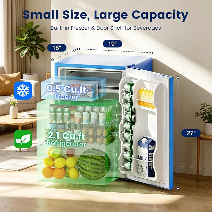 2.6 Cu Ft Small Fridge with Freezer for Office Blue | Mini Refrigerator for Dorm Bedroom, Compact Fridge, Energy-efficient, Low Noise