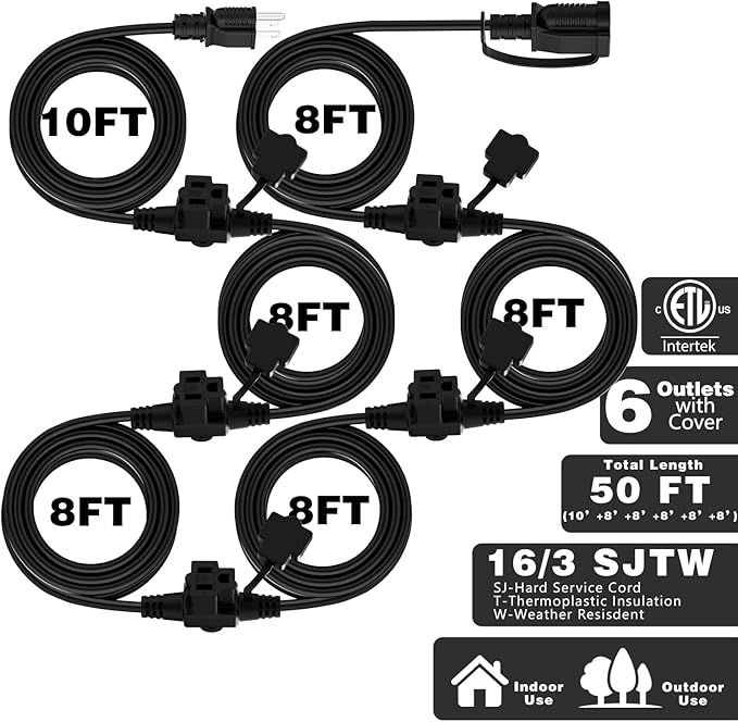 K KASONIC - Outdoor Extension Cord 50 FT, Evenly Spaced 6 Outlets Plugs, 16/3 SJTW Weatherproof Multiple Outlets Wire for Landscaping Light, Holiday Decoration and Christmas, ETL Listed, Black