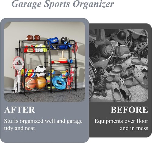 Garage Sports Equipment Organizer - Mobile Ball Storage Rack with Elastic Rope | Indoor/Outdoor Gear Storage, Black