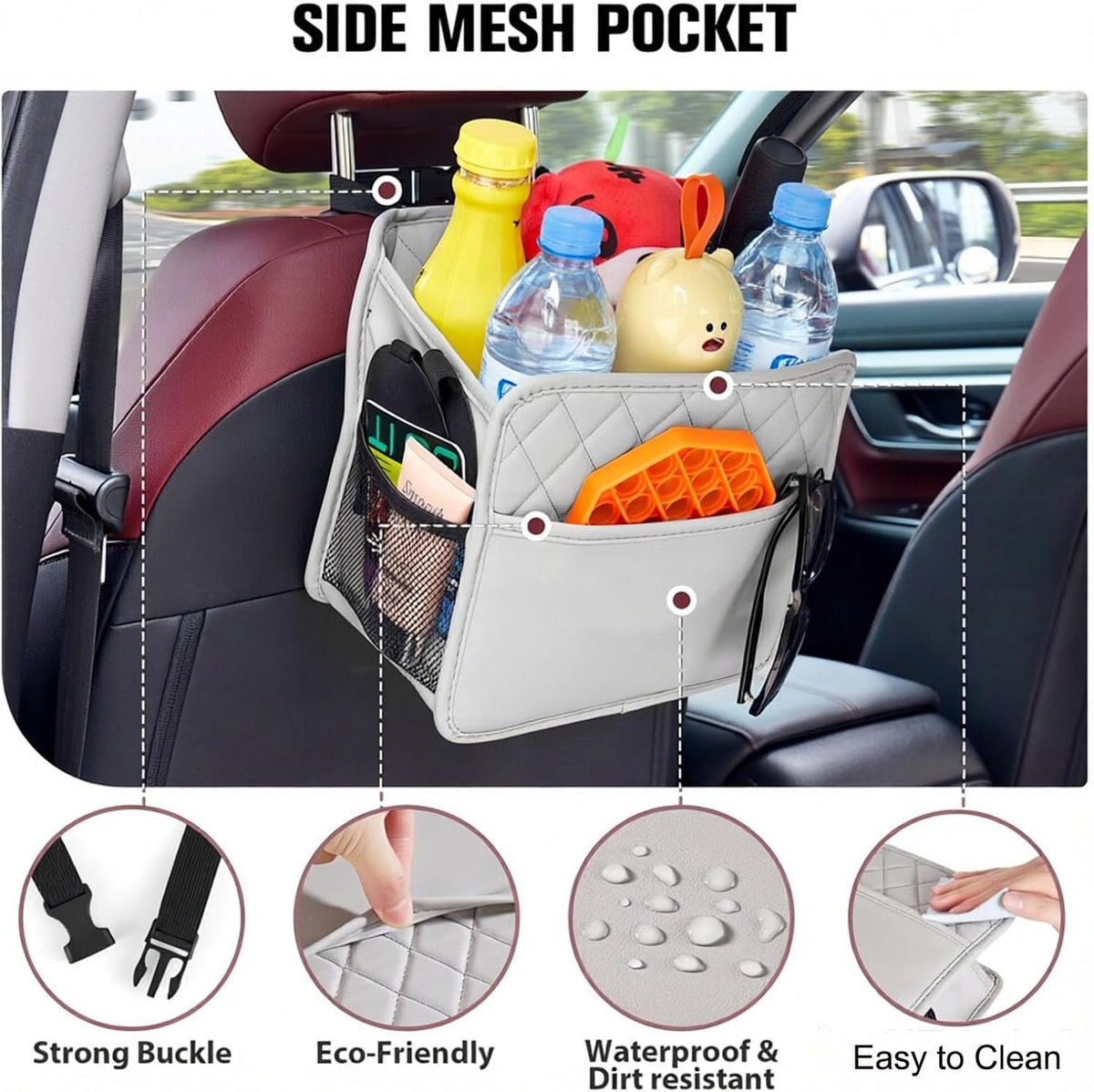 LXUNYI Car Seat Organizer, Updated Large Leather Backseat Car Organizer with Cup Holders Multifunctional Over the Seat Storage Organizer Bag Hanging Back Seat Organizers for Kids (Gray 1Pack)