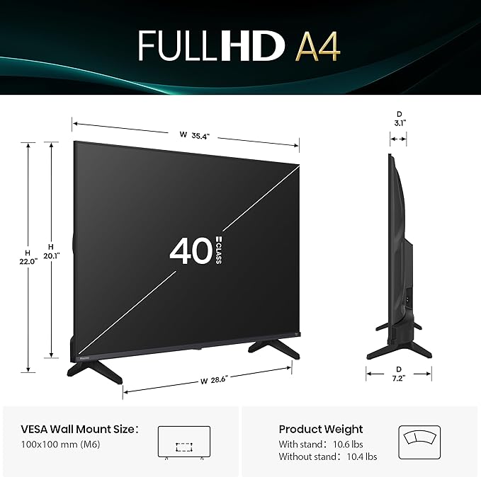 Hisense 40-Inch Class A4 Series FHD 1080p Smart Fire TV (40A4NF) - DTS Virtual: X, Slim Bezel Design, Alexa Built in, Streaming TV, Black