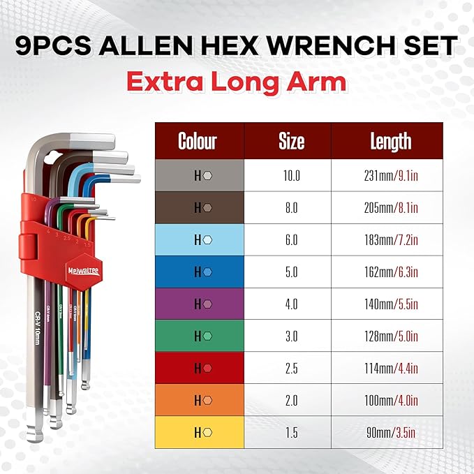 Meiwaltee 9PCS Extra Long Arm Allen Wrenches Set, Metric Ball End Hex Key Set(1.5mm-10mm), Color-Coded Anti-Slip Wrenches For Bike Repair, Furniture Assembly, Motorcycle Maintenance,DIY Project.