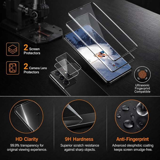 2 Pack Galaxy S21 Ultra Screen Protector, HD Clear Tempered Glass, 2 Pack