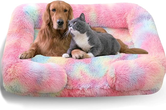 Dog Beds Medium Large Size Dog, Calming Dog Bed with Removable Washable Cover, Waterproof Lining and Nonskid Bottom(Tie-Dye Rainbow,XL)
