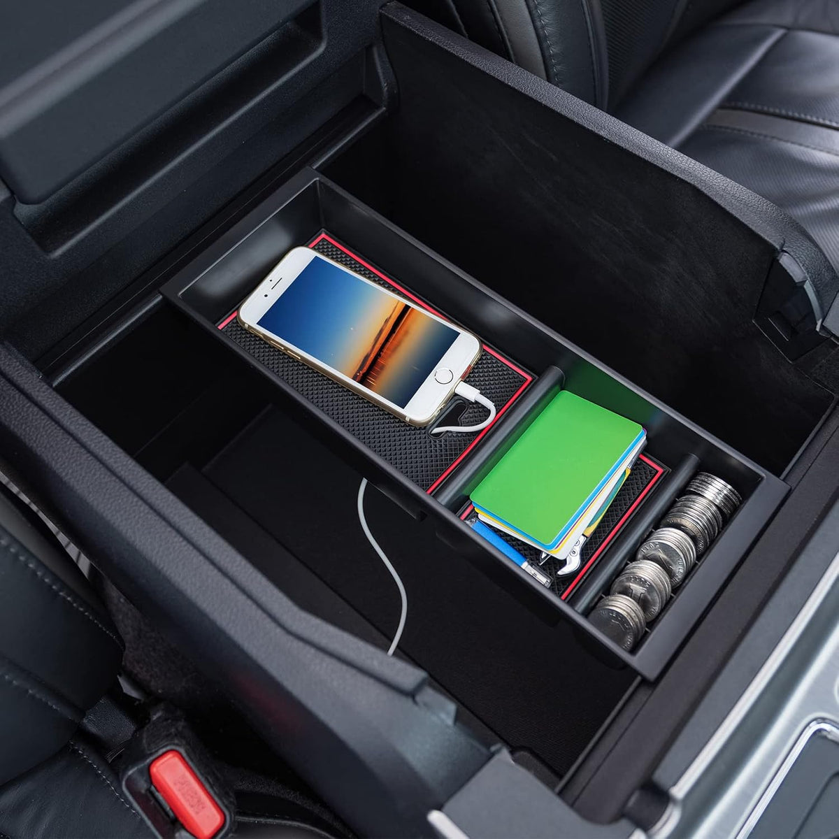PIMCAR Center Console Organizer Tray for Ford F150 (2015-2020), Super Duty F250/F350/F450 (2017-2022), Expedition (2018-2024),ABS Plastic Single-Piece Design, Fits Factory Tray-Red Trim